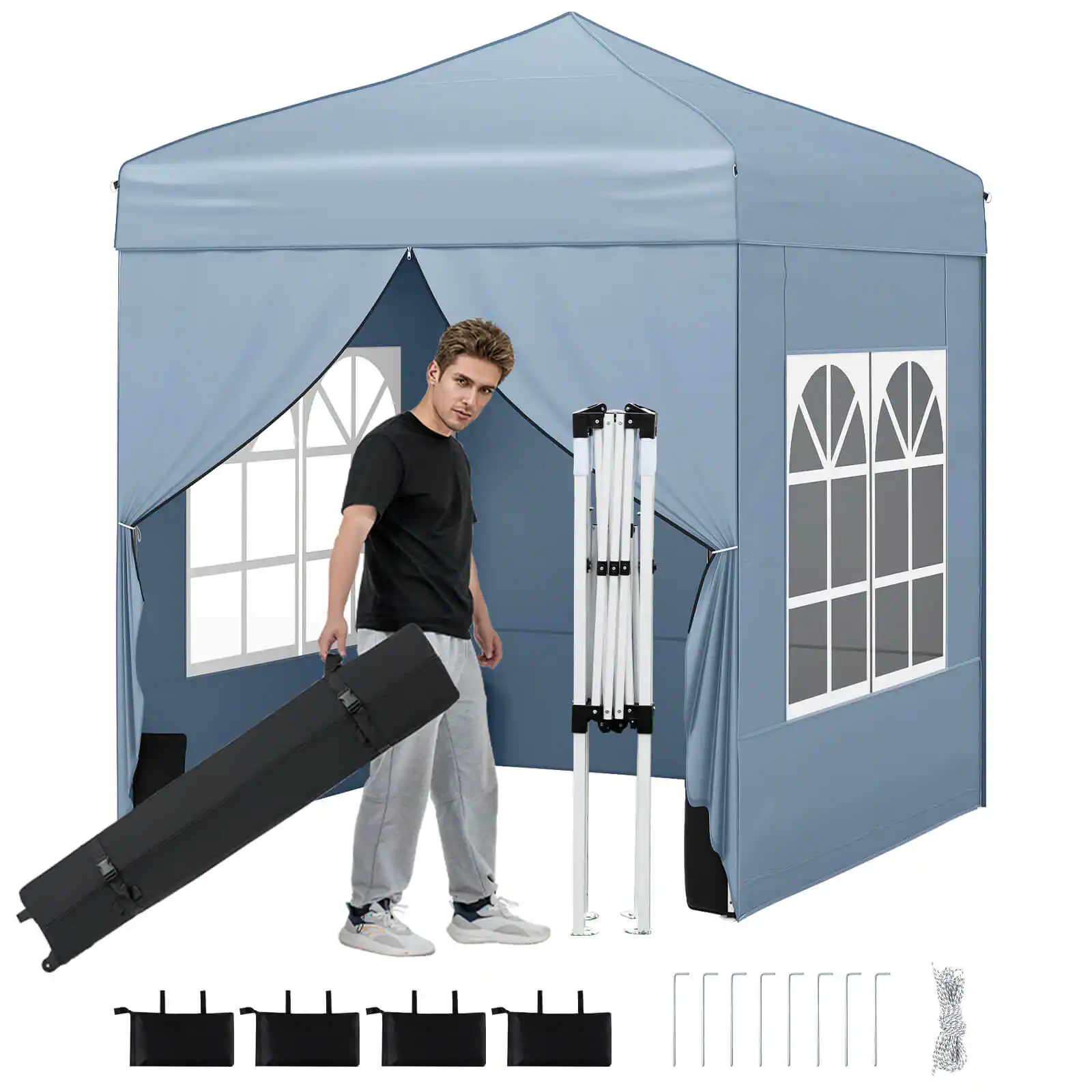 Costway - 6.5 x 6.5 FT Pop up Canopy Tent with 4 Sidewalls, Wheeled Bag, 4 Sandbags, 8 Stakes - Gray