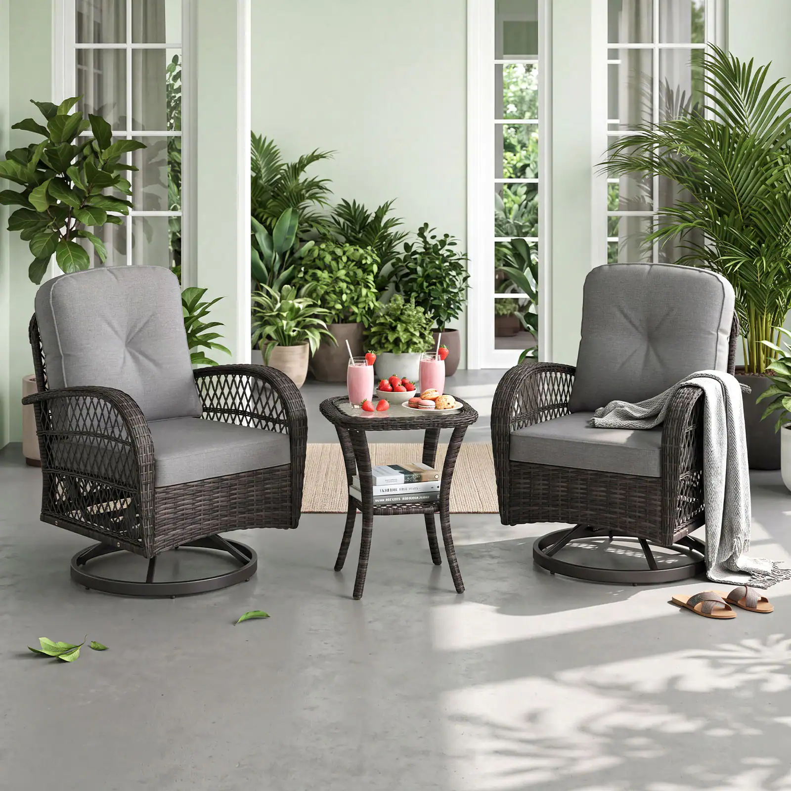 Costway - 3PCS Patio Swivel Rocker Set Gliding Bistro Furniture Set with Tempered Glass Table - Mix Gray + Gray