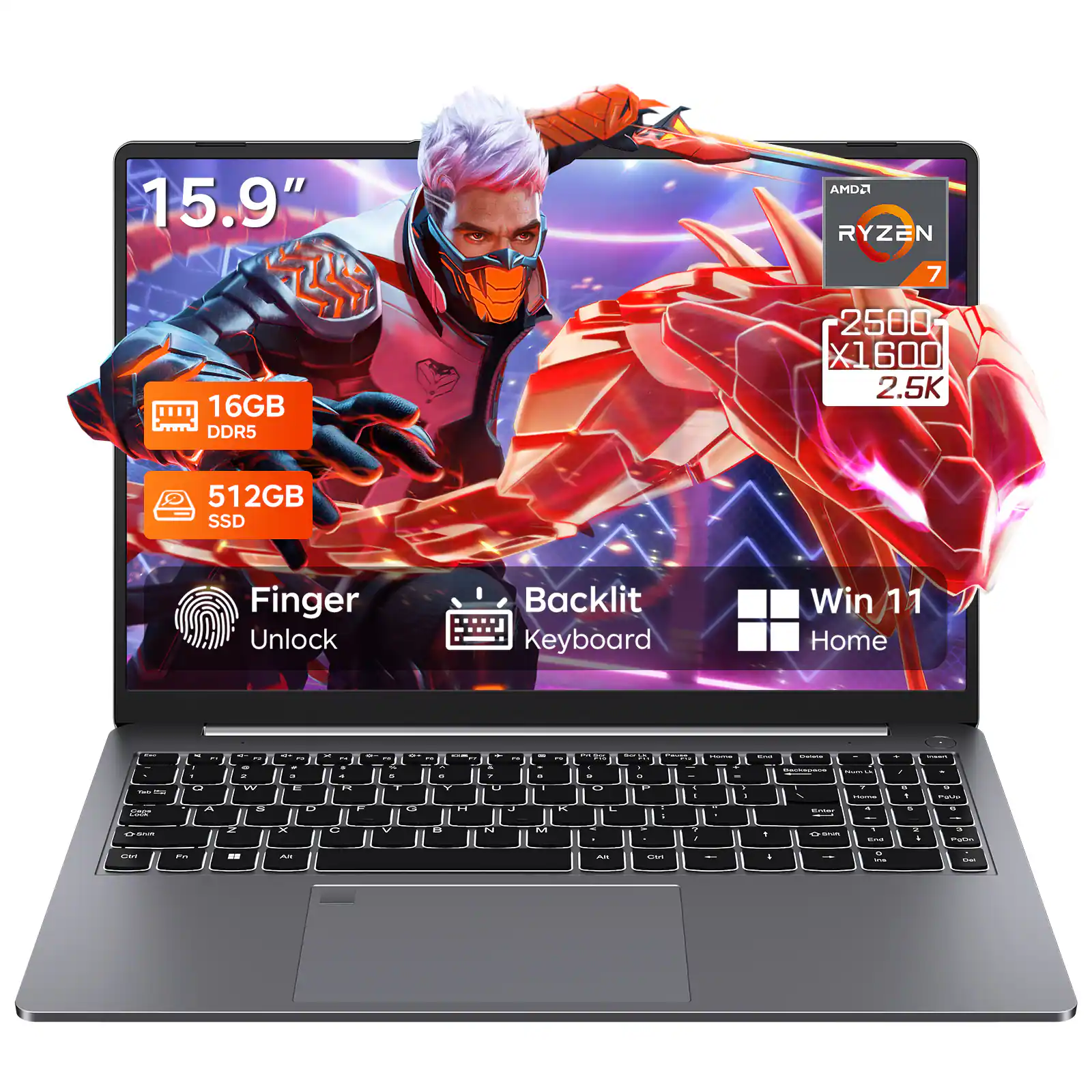RNRUO - 15.9" Gaming Laptop, 16GB DDR5 RAM 512GB SSD, AMD Ryzen 7 7735HS, 8 Cores, 2560x1600 Display Finger Unlock, Silver