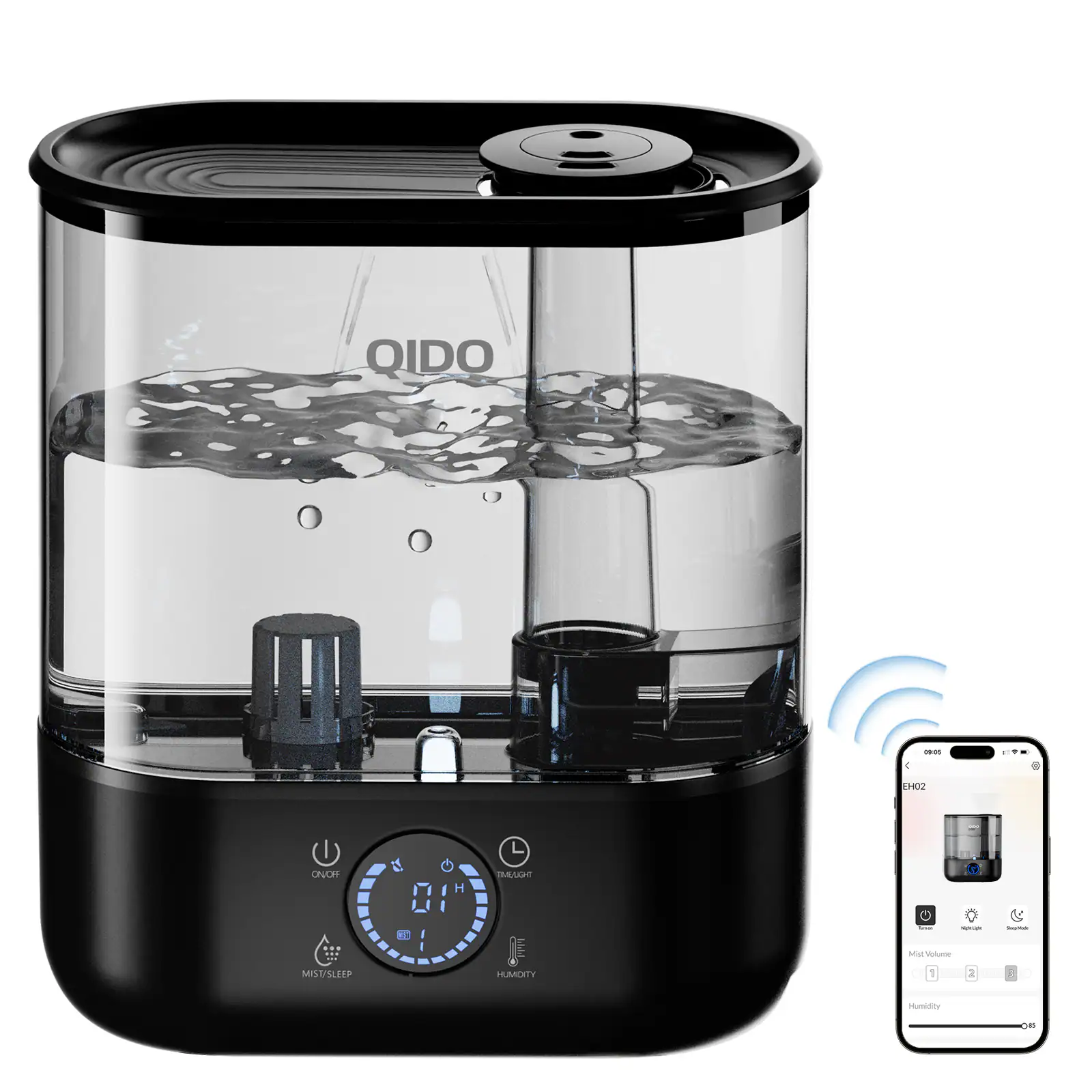 QIDO - 1.32Gal/5L Top Fill Supersized Humidifier Essential Oil Diffuser for Baby & Plants Smart Humidifiers 28dB Quiet - Black