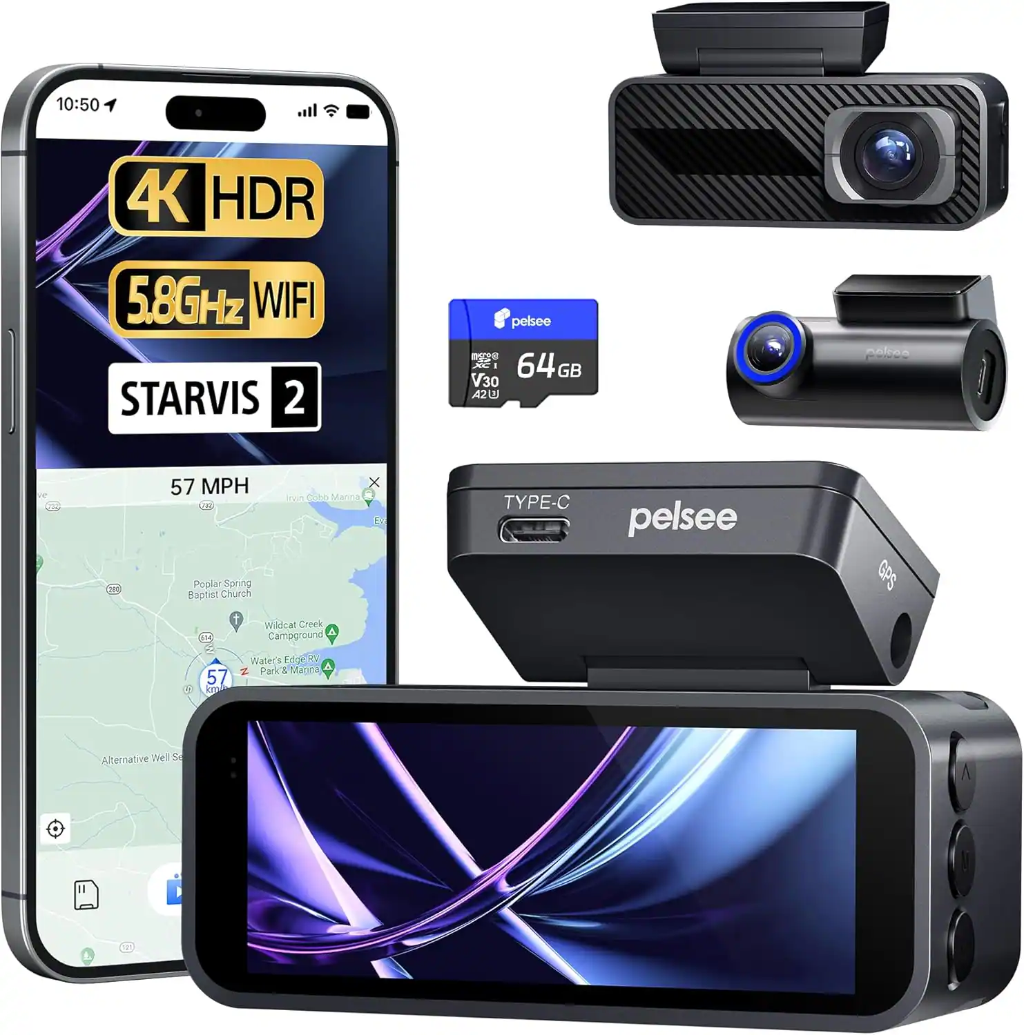 pelsee - 4K Dash Cam Front/Rear, STARVIS 2, HDR/WDR, GPS, WiFi, ADAS, Voice Control, Night Vision, 64GB Card, 24H Parking - Black