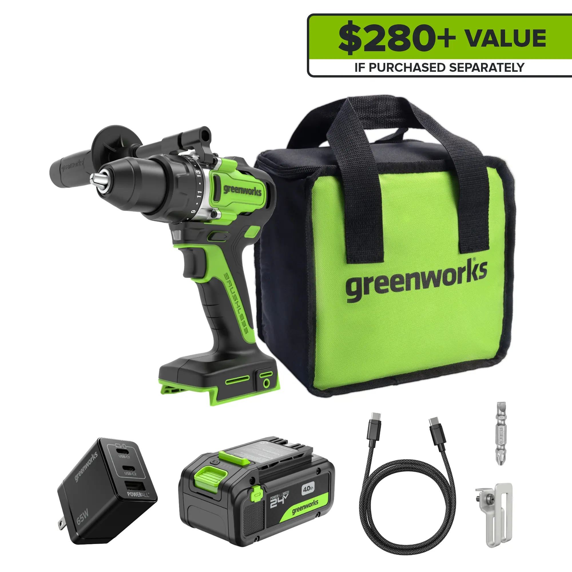 Greenworks - 24V Cordless Brushless 800 in-lbs Drill/Driver, 21 Clutch, with 4.0Ah Battery and Charger - Green