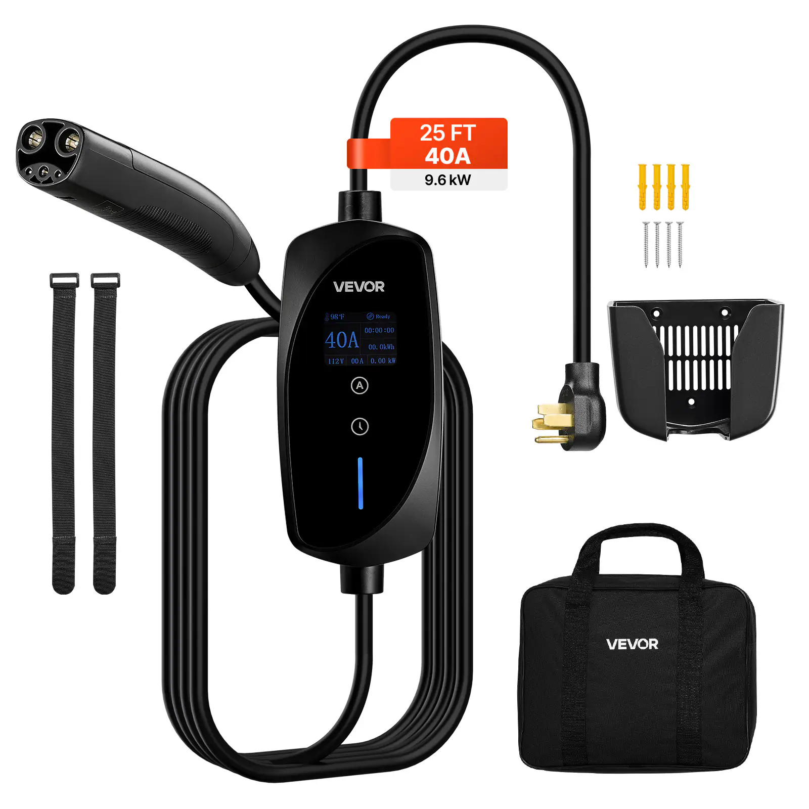 VEVOR - Level 2 Tesla Charger, 40 Amp Adjustable Current, 240V Portable Home Electric Car EV Charger with 25 ft Charging Cable - Black