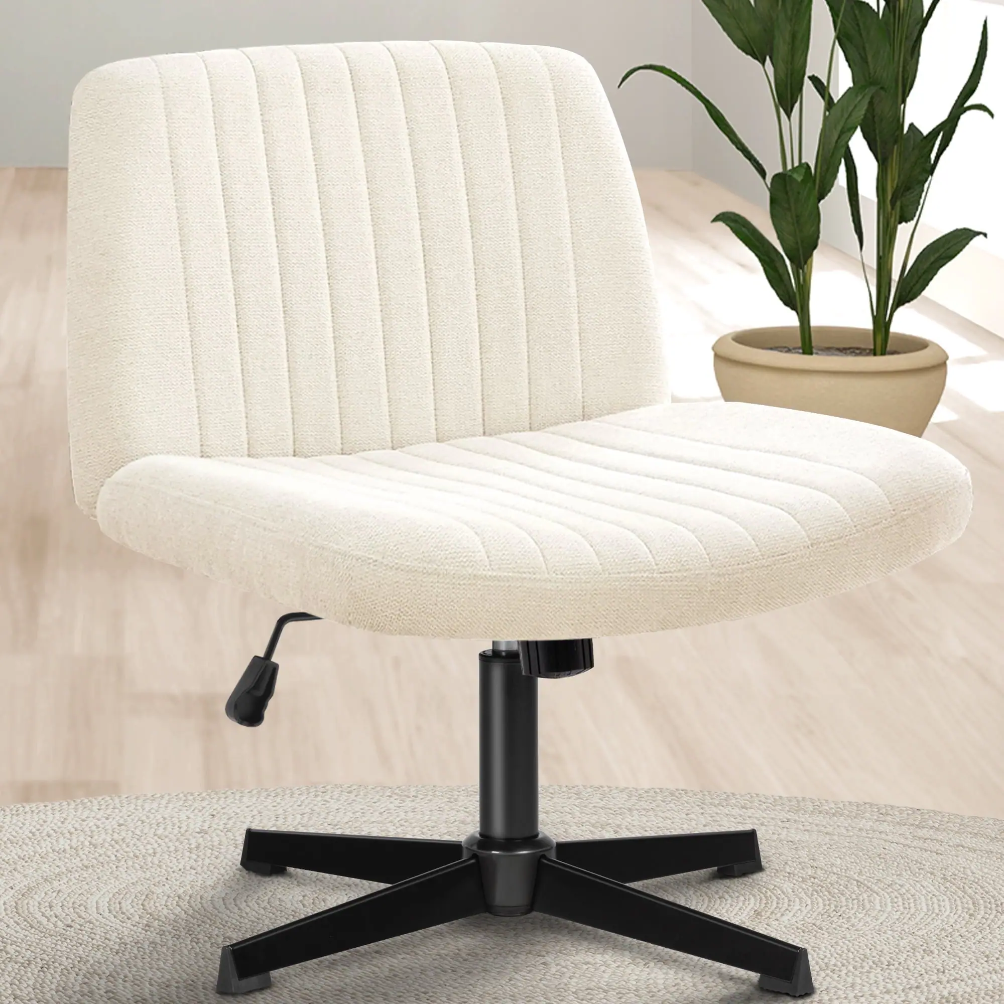 Celtoss - Criss Cross Chair, No Wheels, Armless Cross-Legged Office Desk Chair, Fabric Vanity Makeup Chair with Wide Seat - Standard-Beige