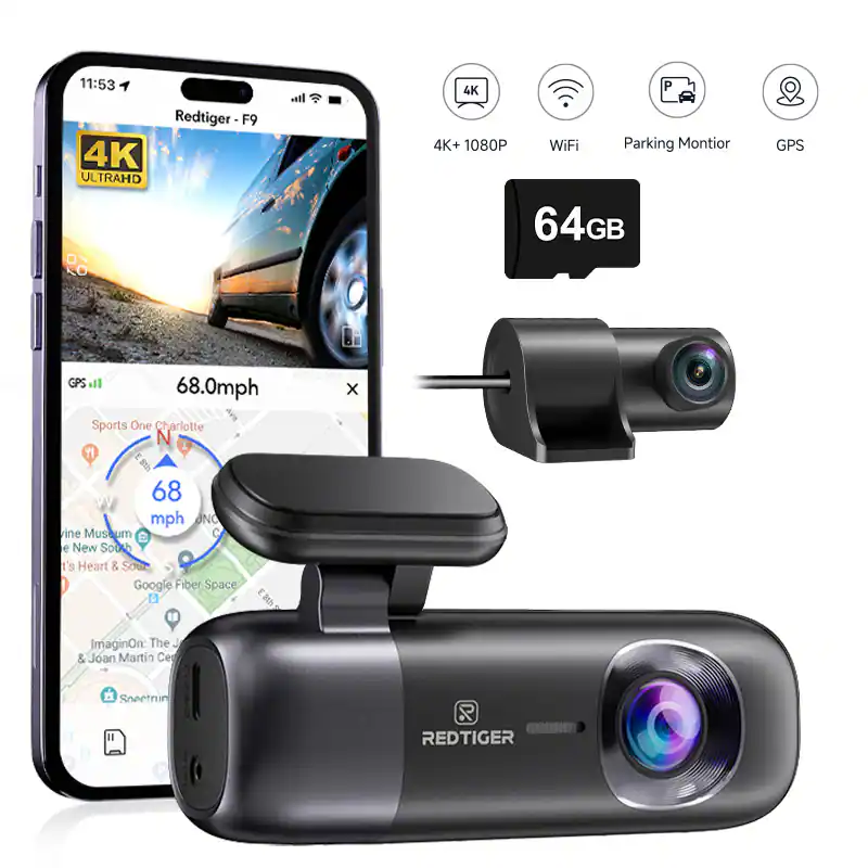 REDTIGER - 4K Front & Rear Dash Cam, GPS, 5.8GHz WiFi, WDR Night Vision, &64GB Card - Black