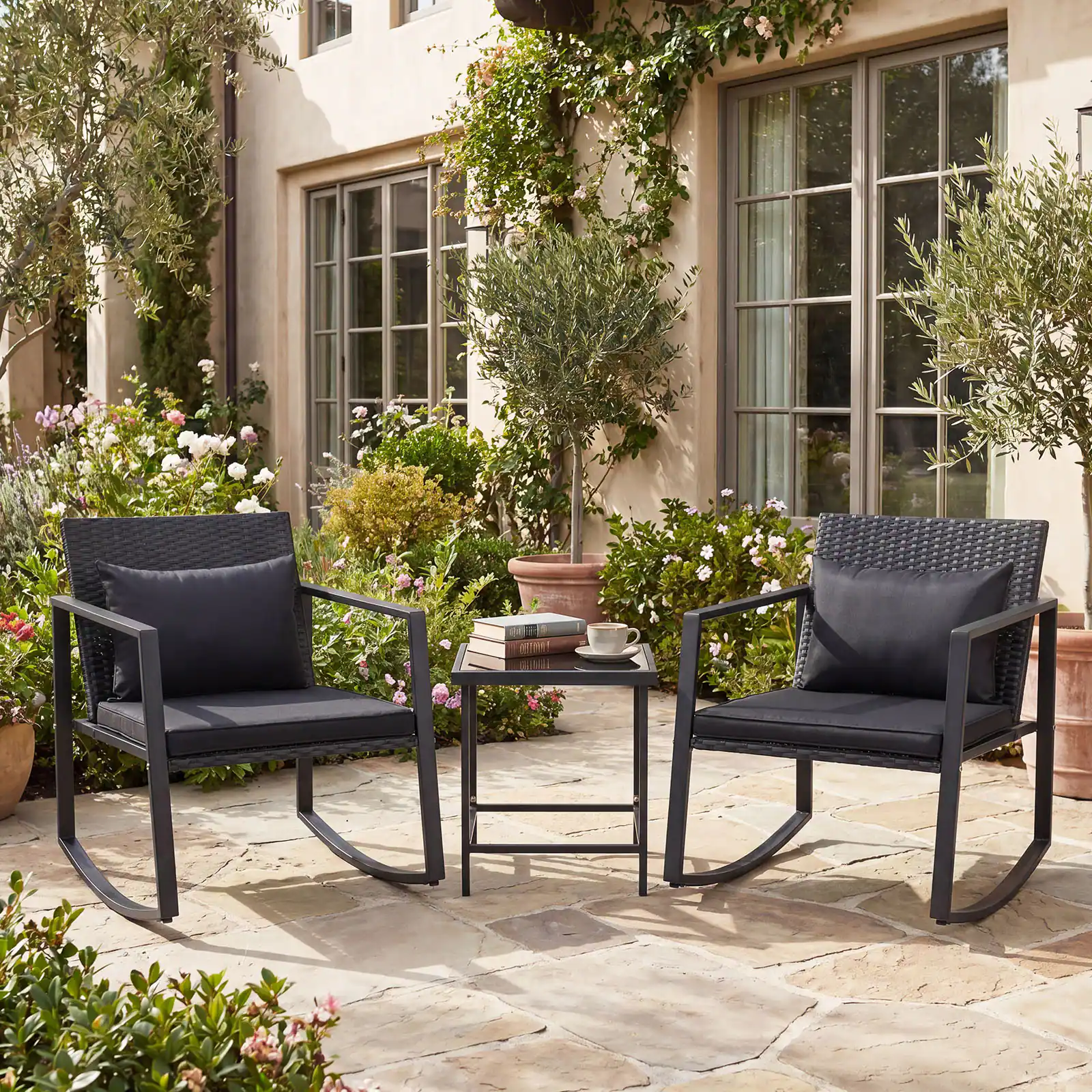 Gymax - 3-Piece Outdoor Rocking Bistro Set Patio Rocking Chairs & Coffee Table Set - Black