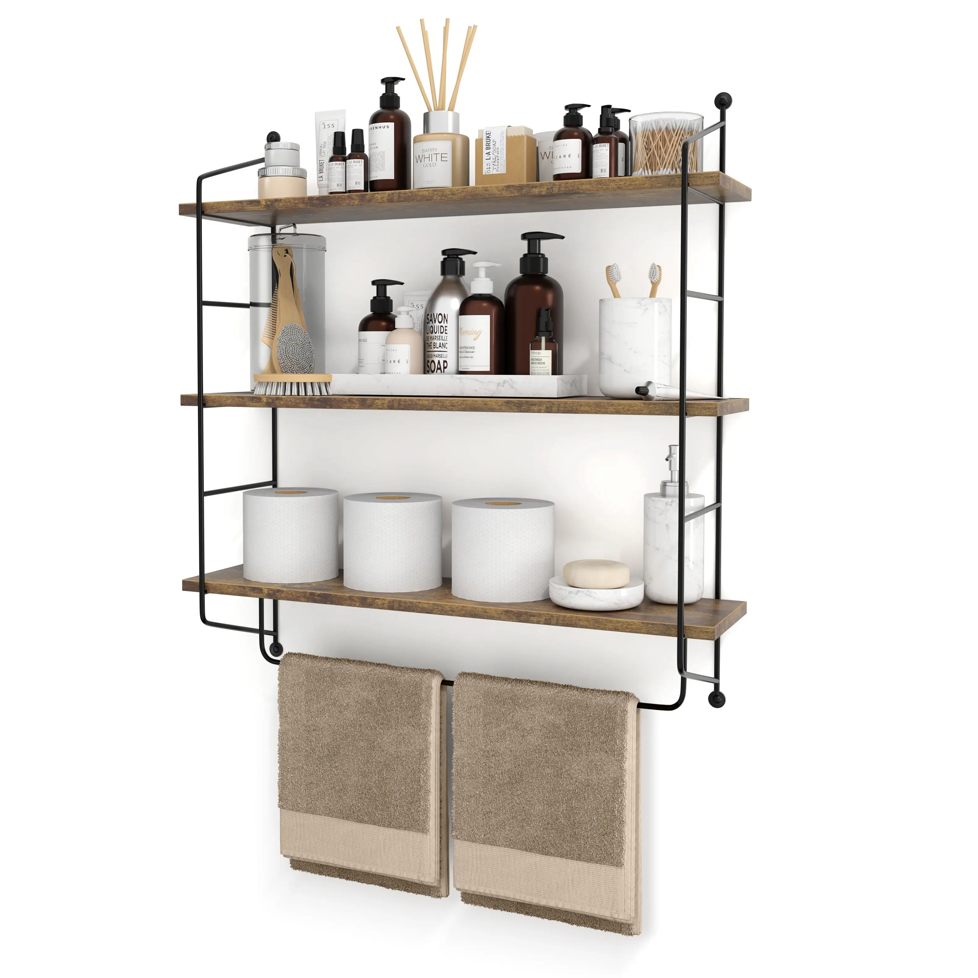 Sorbus - 3-Tier Floating Bathroom Shelves for Wall - Wood Wall Storage for Towels, Over The Toilet Storage Cabinet - Brown