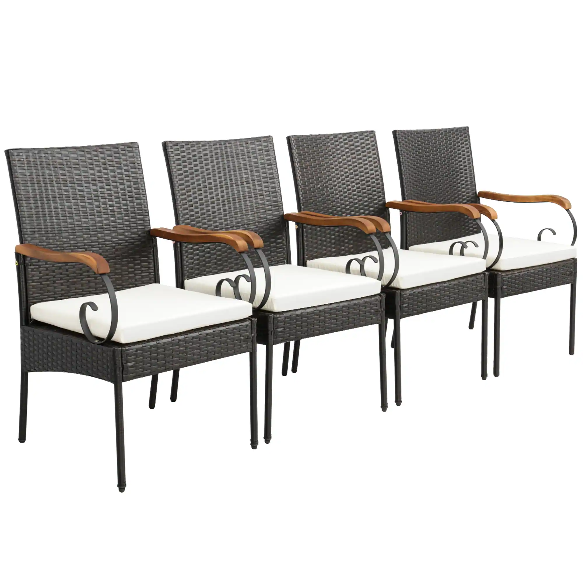 Costway - 4PCS Patio PE Wicker Chairs Acacia Wood Armrests with Soft Zippered Cushion Garden - Mix Brown,Off White