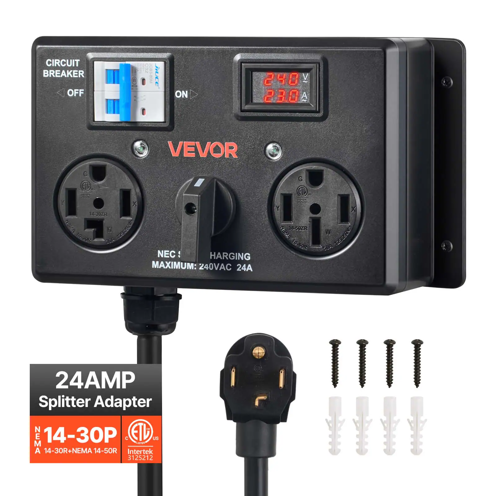 VEVOR - Manual EV Charging Switch, NEMA 14-30P to 14-30R & 14-50R, Splitter Switch for Dryer & EV, 24A Max 240V Manual Power - Black