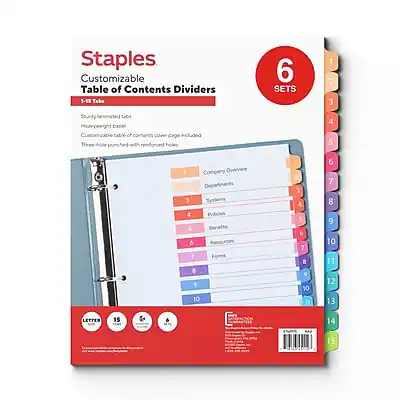 Staples - Customizable Table of Contents Numeric Dividers, 15-Tabs, 6 Sets - Multicolor