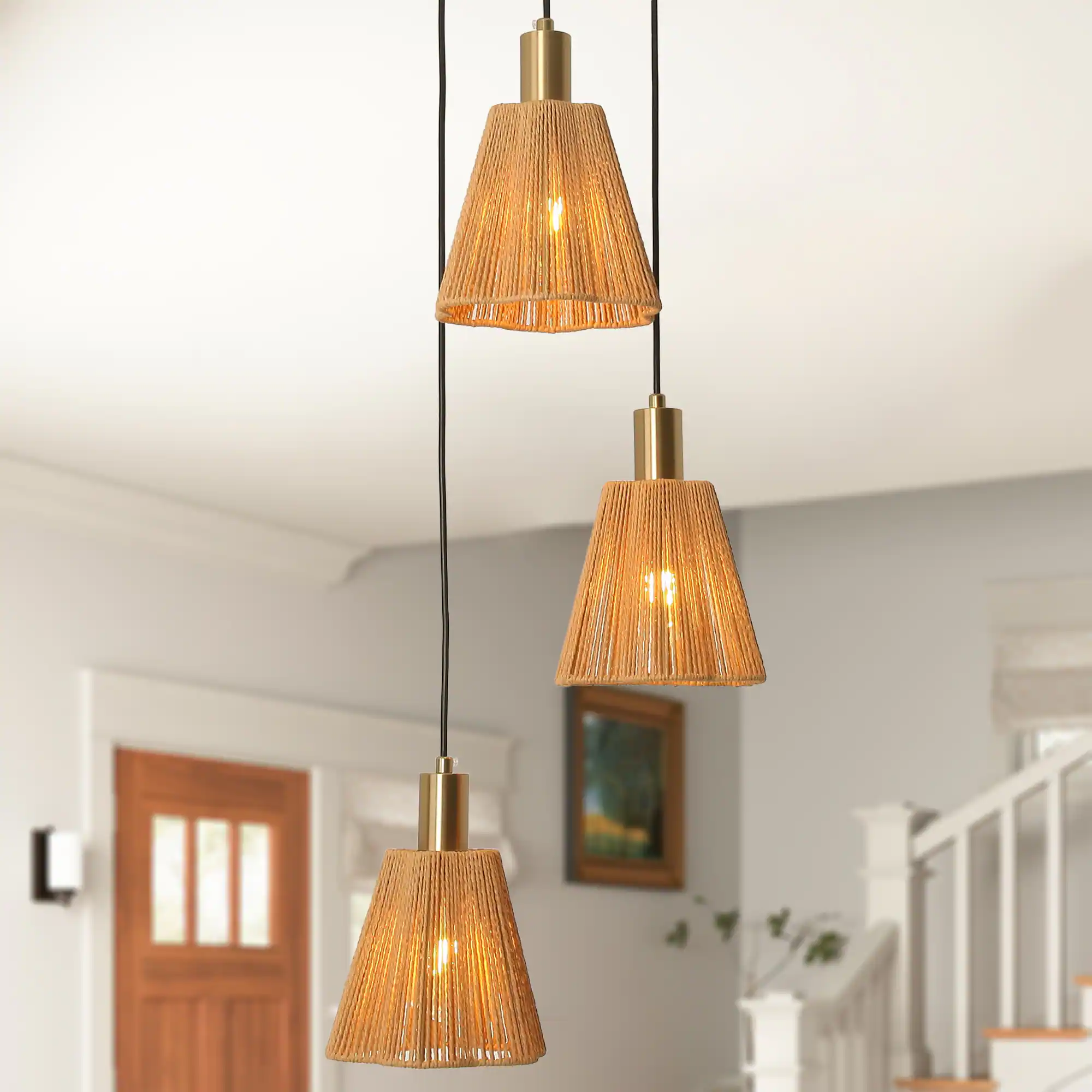 Parrot Uncle - 15" W Rustic Brass 3-Light Kitchen Island Pendant Light with Paper Rope Shades - Gold