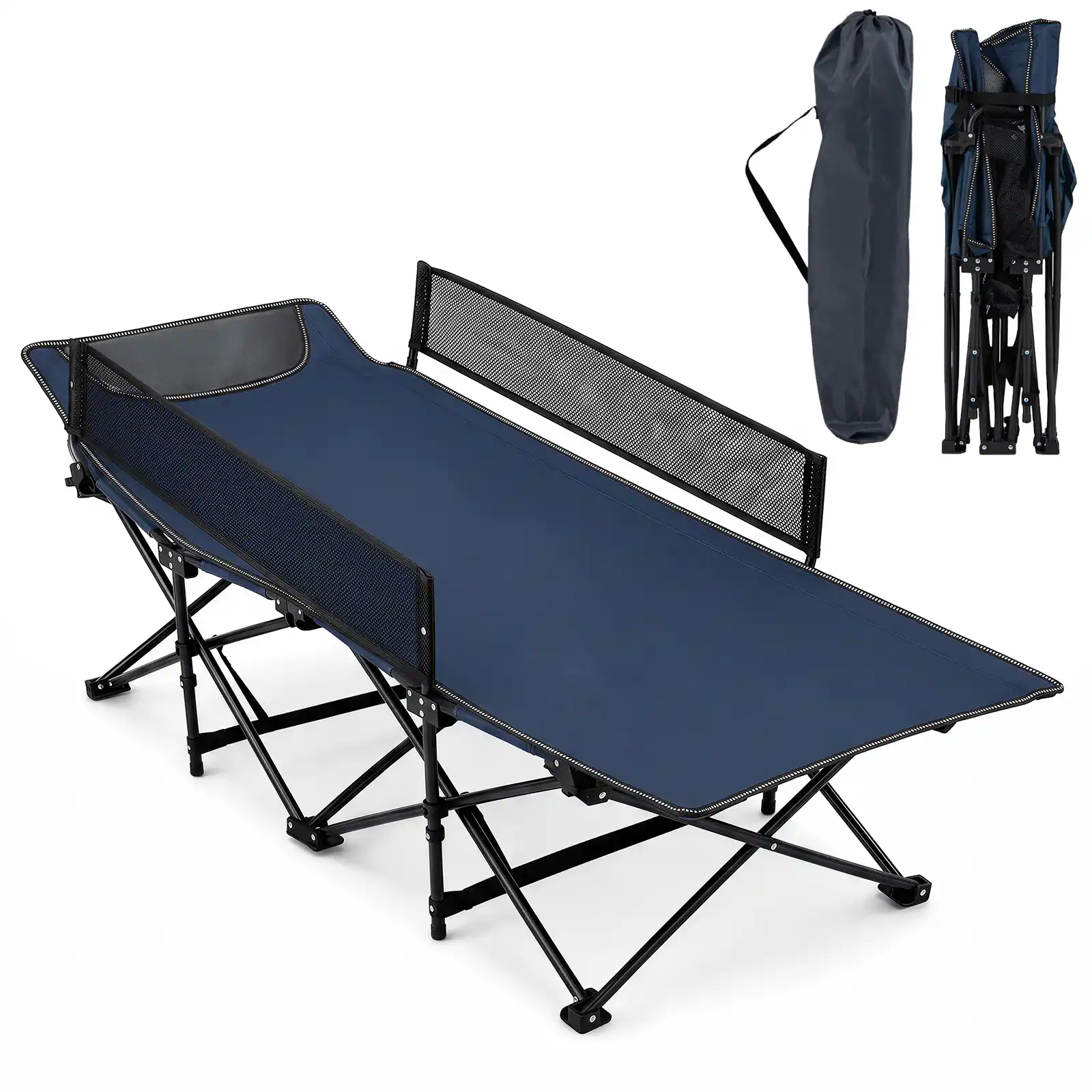 Costway - Foldable Camping Cot with Headrest Mesh Side Rails Carry Bag Metal Frame for Hiking - Navy