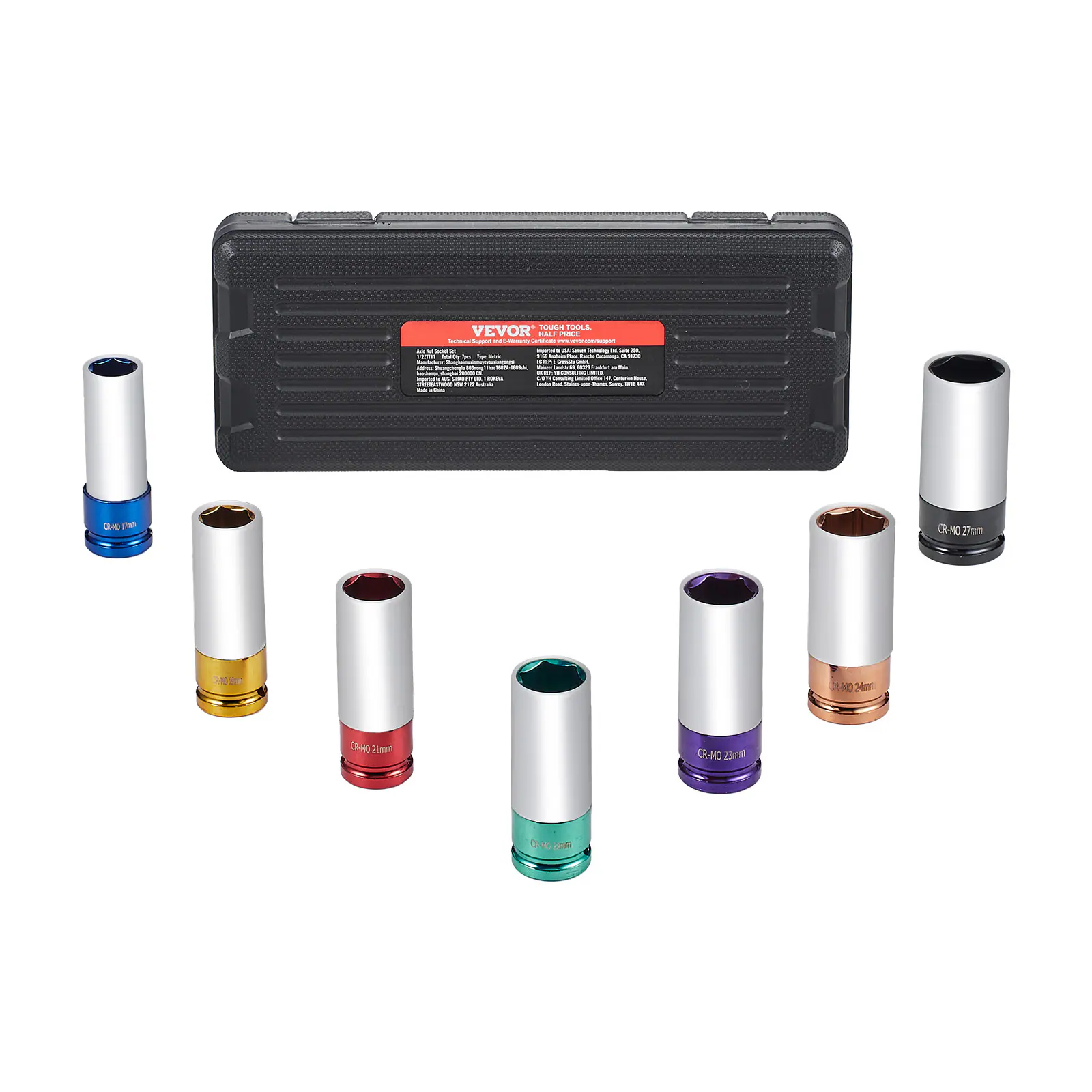 VEVOR - Lug Nut Impact Socket Set, 1/2 inch Drive Metric 6-Point Deep Socket Set, 7 Total Lug Nut Sizes 17/19/21/22/23/24/27mm - Black