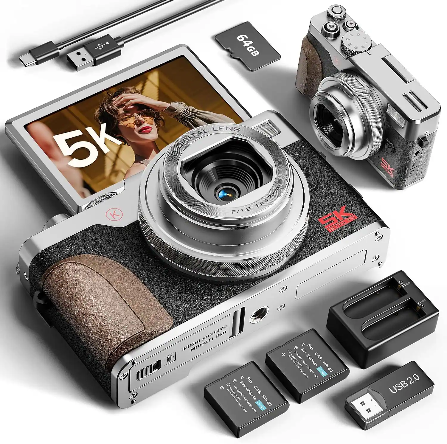 NBD - K100C 5K Digital Camera for Photography, 64MP, Autofocus, 18X Digital Zoom, 32GB Card