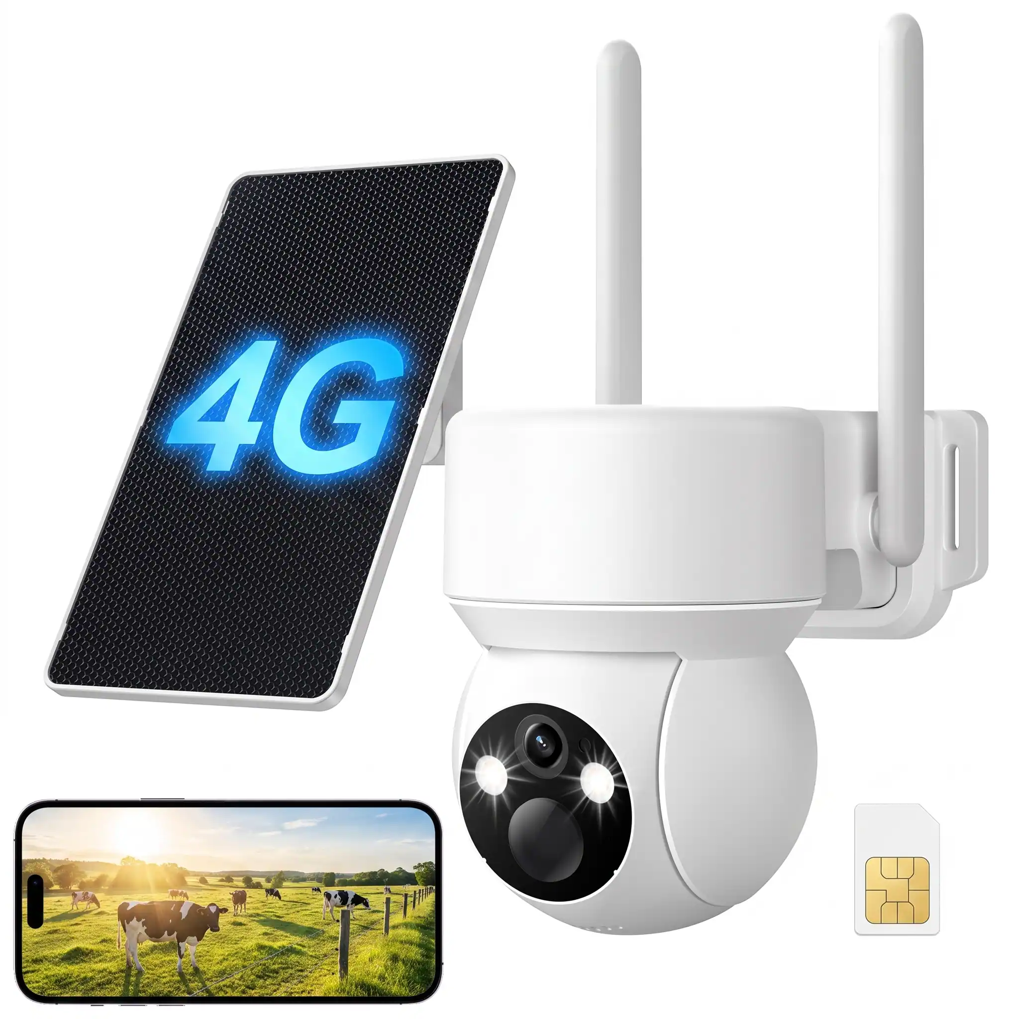 COQOOL - Solar Security Cameras Wireless Outdoor, 4G LTE Cellular, with SIM Card, No WiFi Needed, 360°Pan Tilt,4K, Night Vision - White