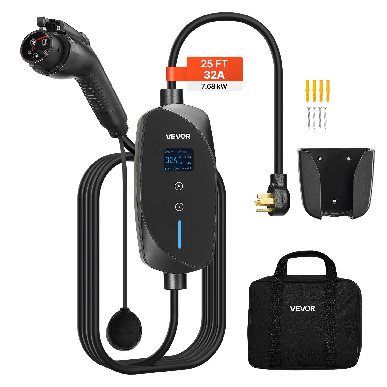 VEVOR - Level 2 EV Charger, 32 Amp Adjustable Current, 240V Electric Vehicle Portable Charger with 25 ft Charging Cable - Black