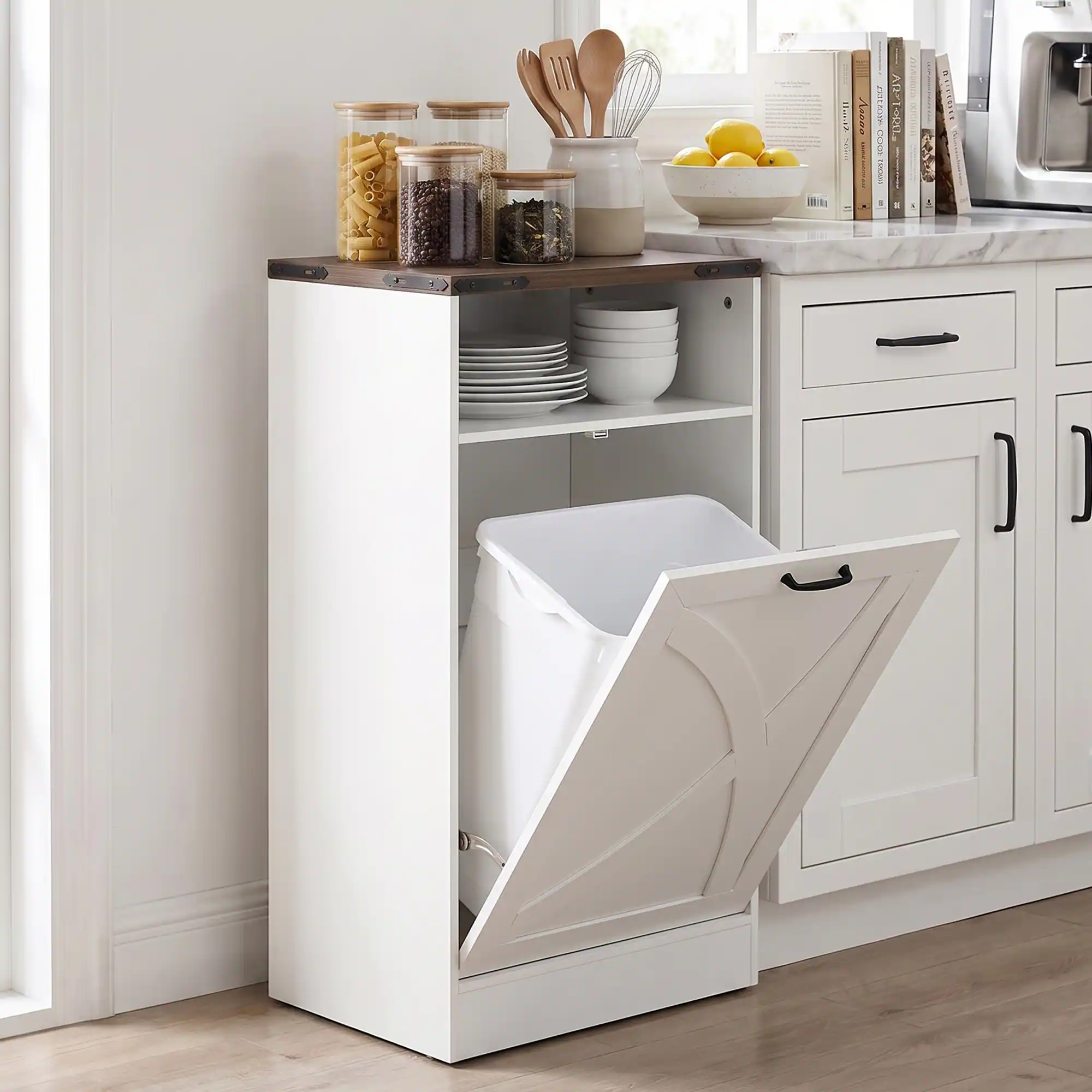 Ihomeadore - 37.8" H Modern Farmhouse Tilt-Out Trash Cabinet with 13 Gallon Hidden Trash Can Cabinet for Kitchen and Dining Room - White