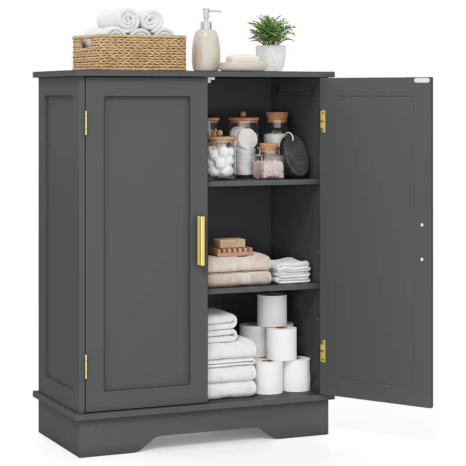Costway - Floor Storage Cabinet Modern Storage Organizer with Adjustable Shelves &2 Doors - Gray