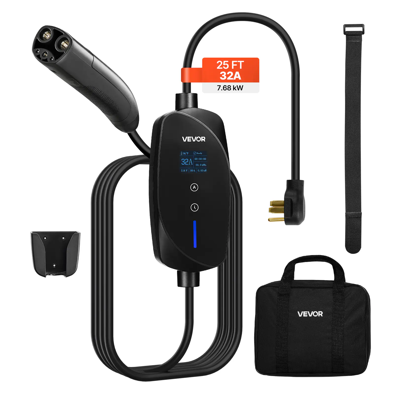 VEVOR - Level 2 Tesla Charger, 32 Amp Adjustable Current, 240V Portable Home Electric Car EV Charger with 25 ft Charging Cable - Black