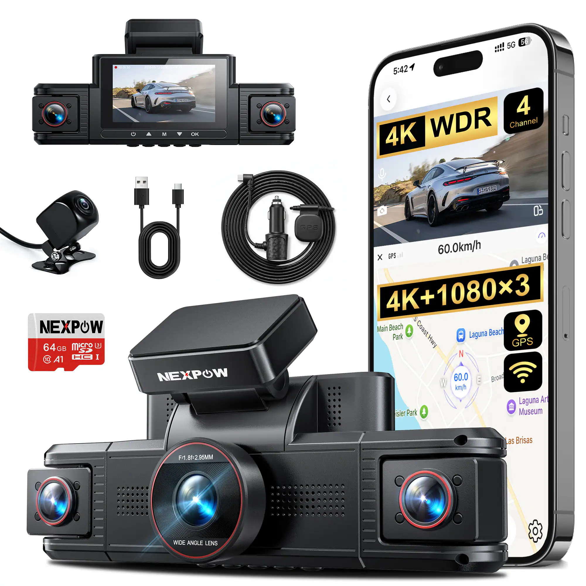NEXPOW - 4K 4-Channel Dash Cam with 5G WiFi, GPS, Voice Control, 64GB Card and Night Vision - Black