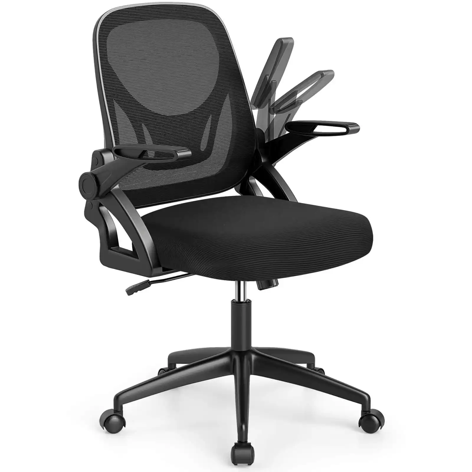 Costway - Mesh Office Chair with Lumbar Support & Flip-up Arms Rolling Casters for Work - Black