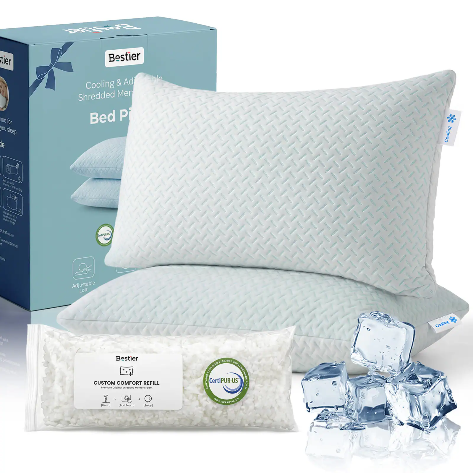Bestier - Set of 2 Adjustable Memory Foam Pillows, Dual-Sided Cooling & Bamboo Cover, All Sleeper Neck Support - White
