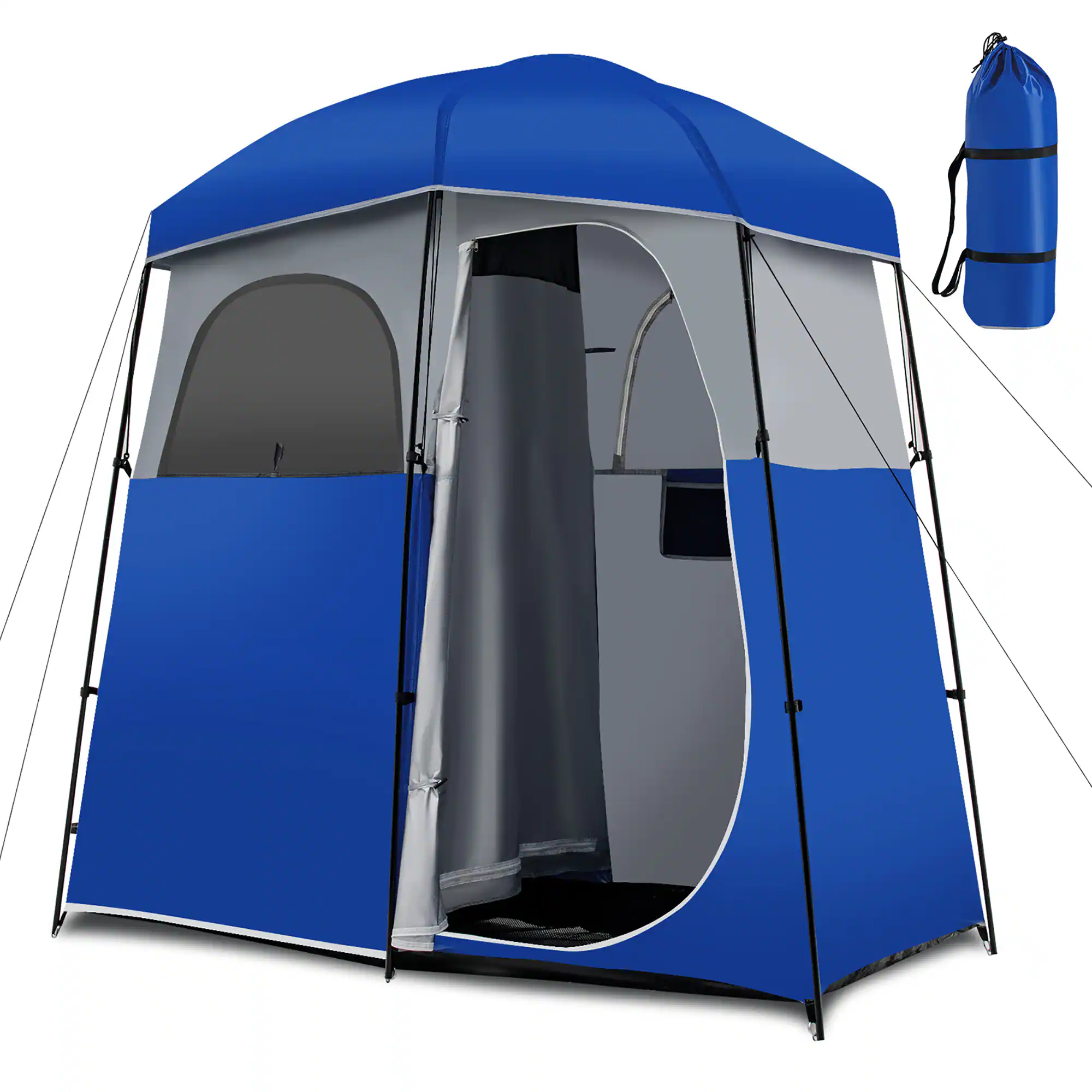 Costway - Double-Room Camping Shower Toilet Tent with Floor Oversize Portable Storage Bag - Blue