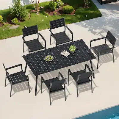 Crestlive Products - 7pc Patio Dining Set Aluminum Rectangle Table 6 Stackable Stationary Chairs No Armrest - Black-7PC
