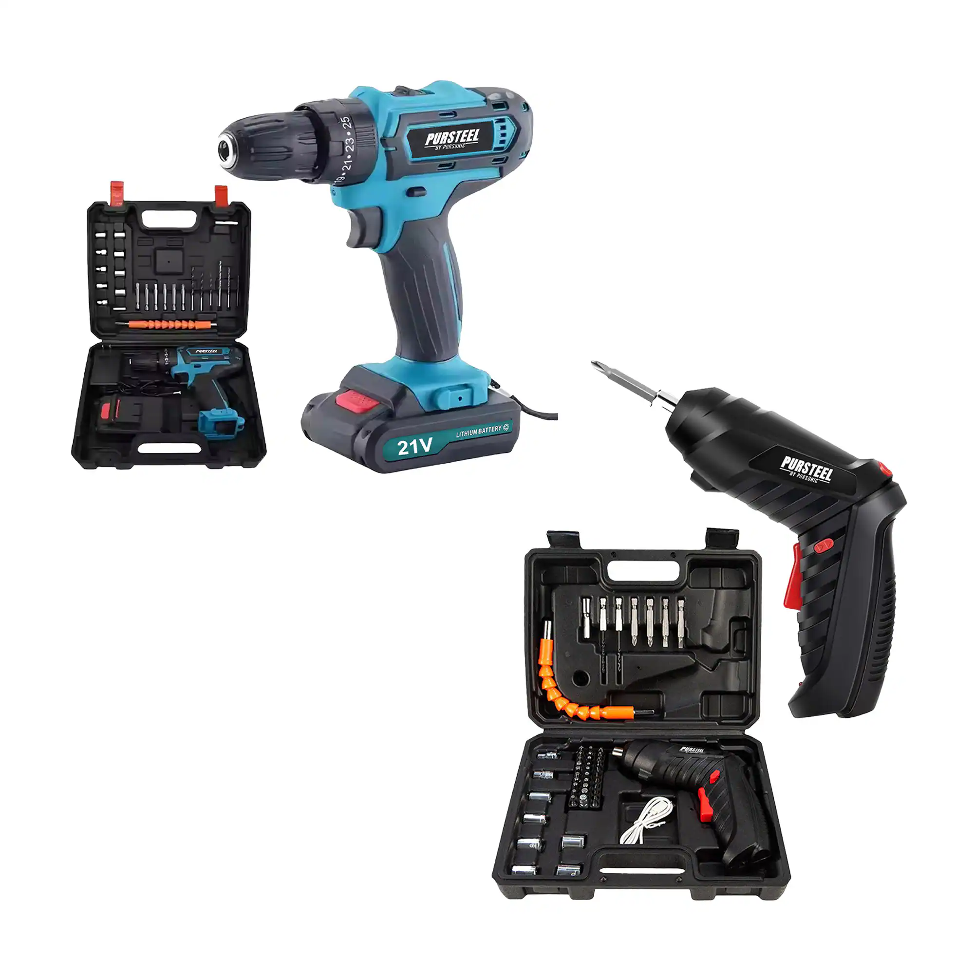Pursonic - Power Tool Bundle: 21V Cordless Drill & Rechargeable Electric Screwdriver (47-Piece Set)