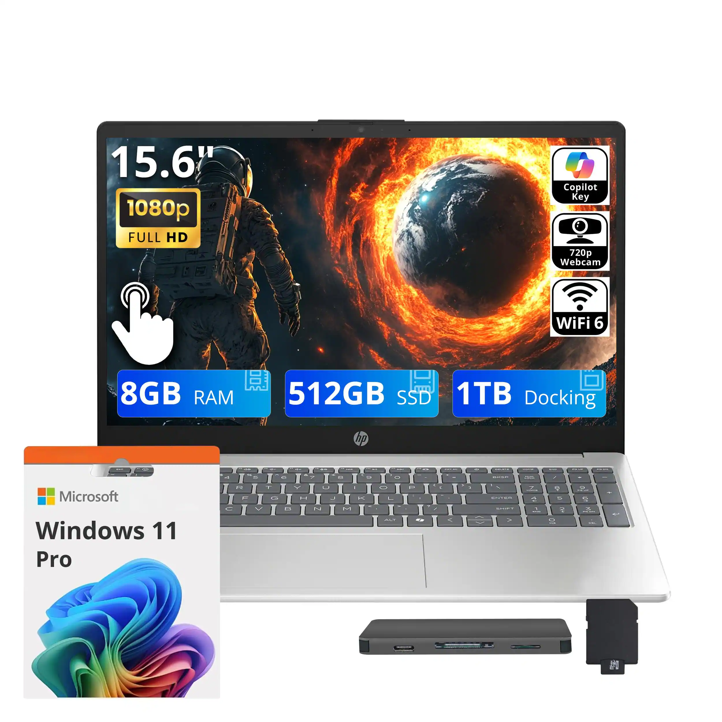 HP - Upgraded - 15.6" FHD Touch Laptop,Ryzen 5 7520U,8GB RAM,512GB SSD+1TB Dock Set,Copilot,Numeric Keypad,Wi-Fi 6,Win 11 Pro - Silver