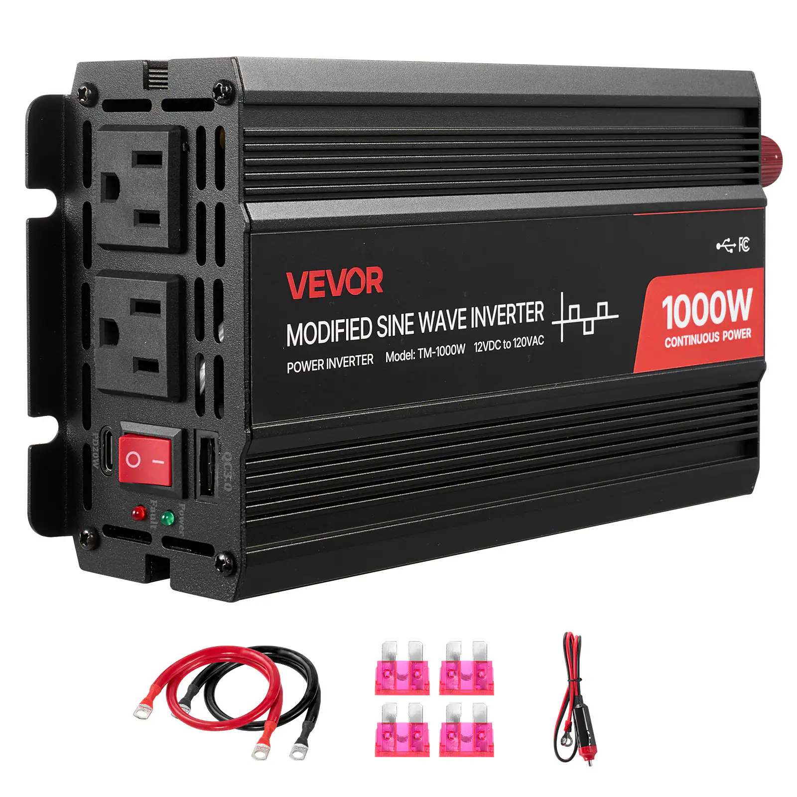 VEVOR - 1000W Power Inverter, 12V DC to 120V AC Modified Sine Wave Inverter, Car Charger Converter with USB & Type-C Port - Black