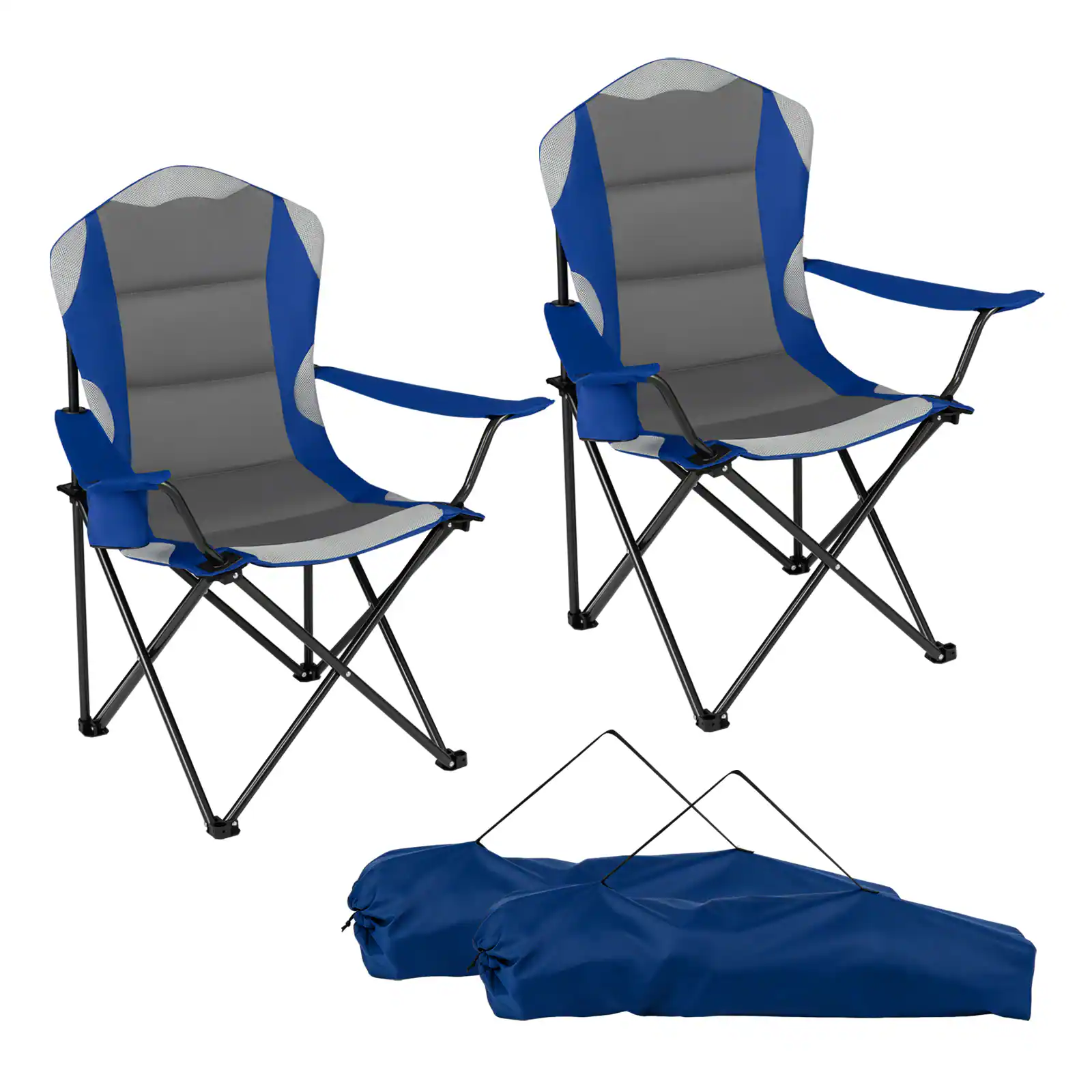 Gymax - 2 Pieces Folding Camping Chairs w/ Cup Holders & Carrying Bags Padded Seat Navy Gray - Blue