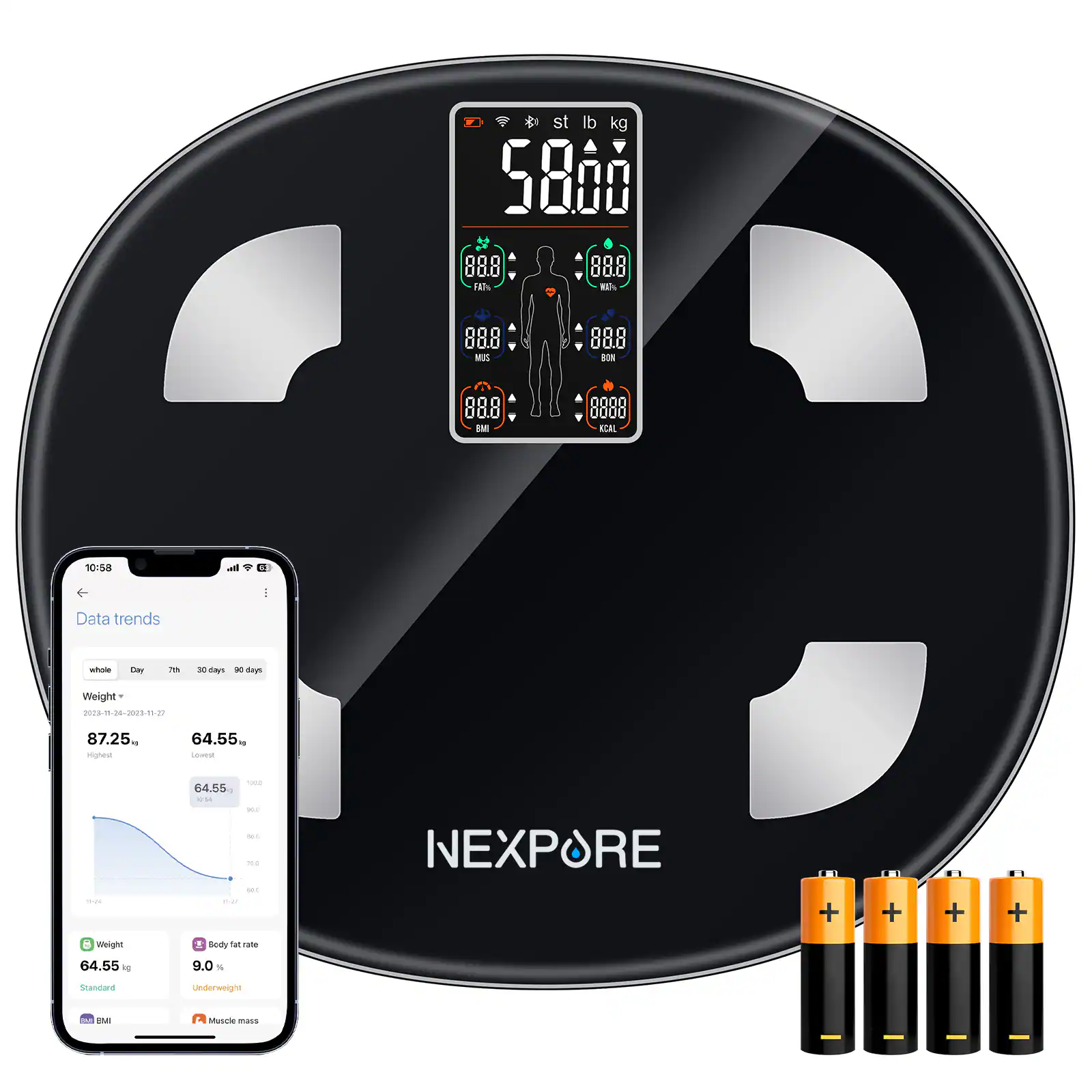 NEXPURE - Smart Body Weight Scale Digital Bluetooth BMI Body Fat Muscle Mass Analyzer 400lb Capacity