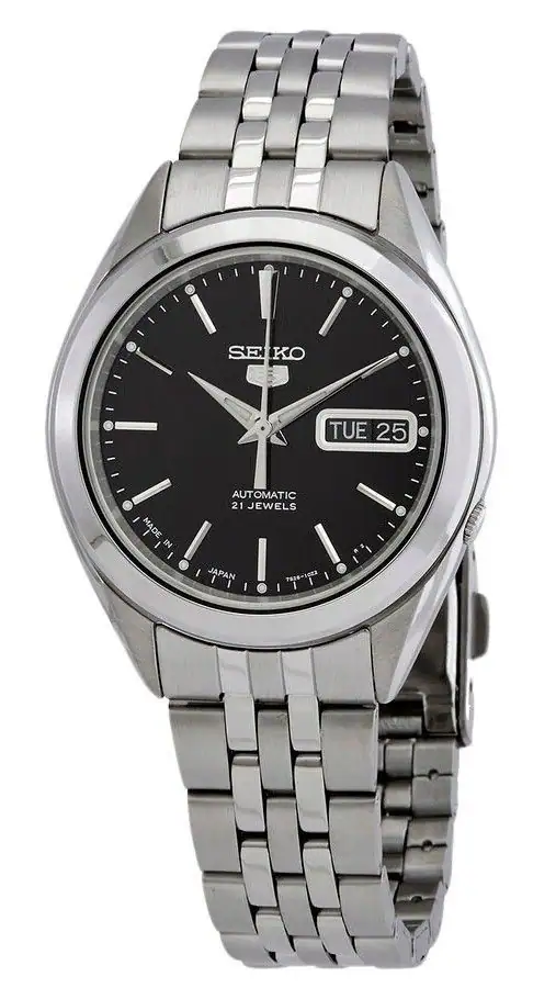 Seiko - 5 Automatic SNKL23J1 Mens Watch 21 Jewels Japan Made Stainless Steel Black Dial Day/Date Display 30M - Silver/Black