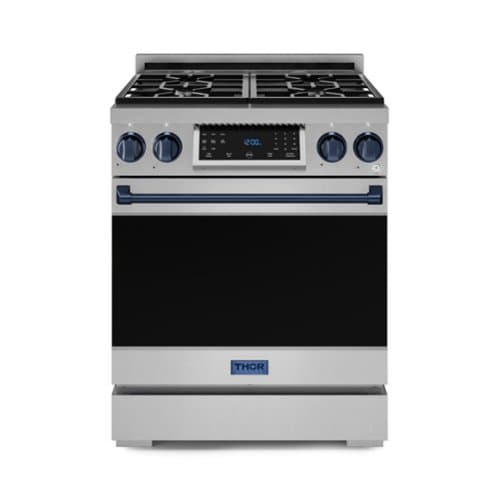 30 in. Wide 4 burner Gordon Ramsay Series by Thor Kitchen 4.55 Cu. Ft Freestanding LP Gas Range with Navy Blue Hardware - Stainless Steel