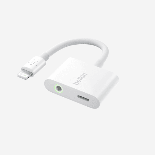 Open-Box: Belkin - RockStar Lightning to 3.5mm Audio Cable + Audio Charger Splitter, 2-in-1 Aux iPhone Headphone and Charger Adapter - White