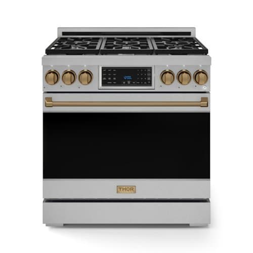 36 in. Wide 6 Burner Gordon Ramsay Series by Thor Kitchen 6.0 Cu. Ft Freestanding Gas Range with Bronze Hardware - Stainless Steel