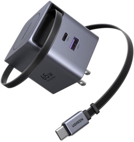 Open-Box: UGREEN - Nexode 65W USB-C Charger with Retractable Cable, PPS Fast GaN Charger for Laptops, Tablets, Cell Phones - Space Gray