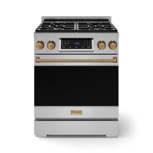30 in. Wide 4 burner Gordon Ramsay Series by Thor Kitchen 4.55 Cu. Ft Freestanding LP Gas Range with Bronze Hardware - Stainless Steel