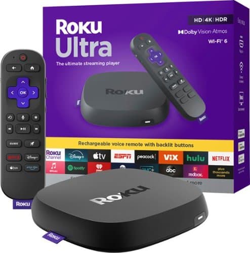 Roku - Ultra | 4K/HDR10+/Dolby Vision & Atmos Streaming Device with Rechargeable Backlit Voice Remote Pro - Free & Live TV - Black