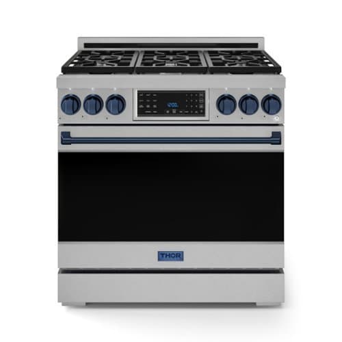 36 in. Wide 6 Burner Gordon Ramsay Series by Thor Kitchen 6.0 Cu. Ft Freestanding LP Gas Range with Navy Blue Hardware - Stainless Steel