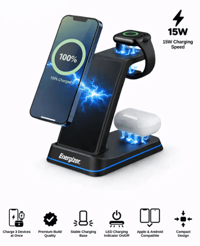 Open-Box: Energizer - 3-in-1 15W Qi Certified Wireless Fast 15W Charger Charging Station/Stand w/ RGB Light for iPhone + AirPods + Apple Watch - Black