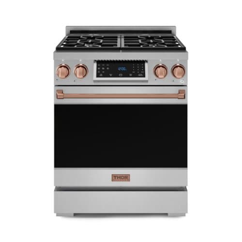 30 in. Wide 4 burner Gordon Ramsay Series by Thor Kitchen 4.55 Cu. Ft Freestanding LP Gas Range with Rose Gold Hardware - Stainless Steel